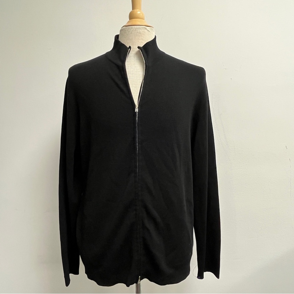 ZANONE black double knit WOOL ZIP CARDIGAN Sweater Jacket I54  XL  made in Italy
